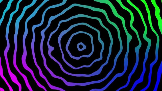 Neon rainbow concentric circular ripples graphic suitable for digital backgrounds, print design, packaging, and artistic projects requiring vibrant colors.