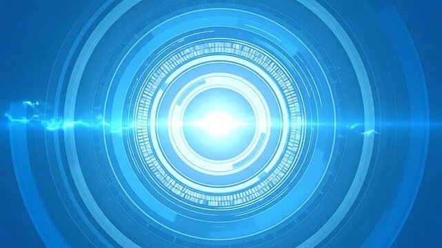 A bright blue digital interface with concentric circular light patterns