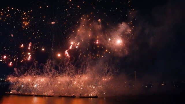 Stunning night view of Busan city with celebratory fireworks, Korea - 한국 부산의 아름다운 야경과 축하 불꽃놀이