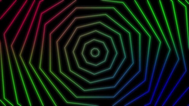 Glowing neon concentric octagons in gradient colors on a black background digital abstract art pattern suitable for backgrounds and designs.