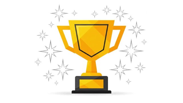 Golden Trophy with Sparkling Stars Flat Vector Animation on White Background