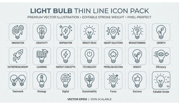 Light Bulb Idea and Innovation Editable Stroke Thin Line Icons Vector Pack
