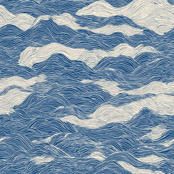 Seamless hand drawn blue ocean wave pattern with white foam crests, Japanese style line art texture for textile, wallpaper or wrapping paper design