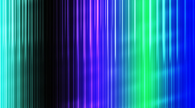 Vertical glowing light streaks in a gradient of cyan, purple, and green, abstract background, with luminous parallel, lines and dark shadows