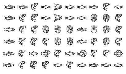 Fototapeta premium Elegant Salmon Outline Vector Icon Set Minimal Fish Line Collection