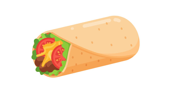 Vector illustration of a Mexican burrito wrap featuring flour tortilla, sliced red tomatoes, shredded cheese, green lettuce, and seasoned ground meat, isolated on white background for food design.