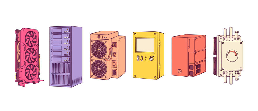 Computer hardware components server icon set showing GPU mining rig control panel and database storage vector illustration layout on white background for technology network design flat color graphics.