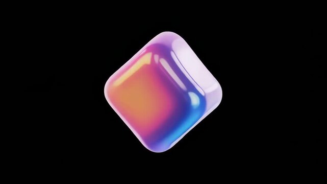 Abstract iridescent cube rotating slowly in gradient lighting against a dark background for tech concepts