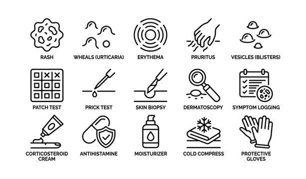 Dermatology icons of skin symptoms and treatments on white