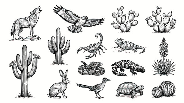 Vintage desert wildlife and cactus vector set, hand drawn woodcut style desert animals and plants, black and white engraved nature illustrations