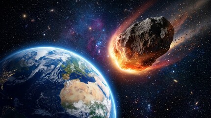 Obraz premium Asteroid impact on Earth, apocalyptic space scene with fiery meteor approaching planet in starry sky