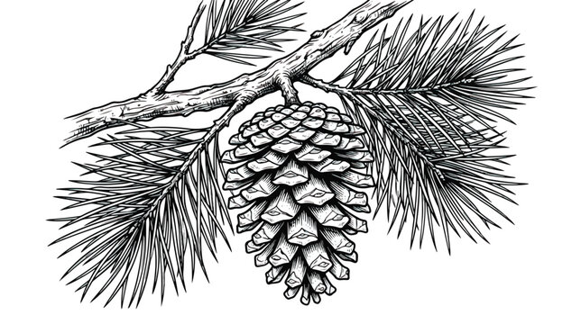 Vintage pine cone engraving on evergreen branch. Detailed botanical pinecone illustration. Black and white conifer tree vector for winter holiday decor.