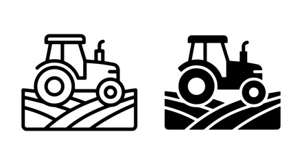 Farm Tractor Icons, Agricultural Vehicle Vector Graphics, Rural Machinery Line Art and Silhouette Set © Idrish