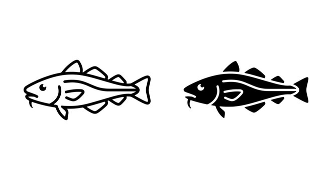 Cod Fish Icons, Marine Life Vector Graphics, Seafood Food Symbol, Black and White Outline and Silhouette