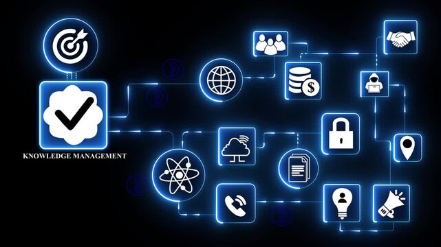 Glowing blue digital icons network illustrating knowledge management system with information sharing interface organizational learning concept.4k digital animation video..