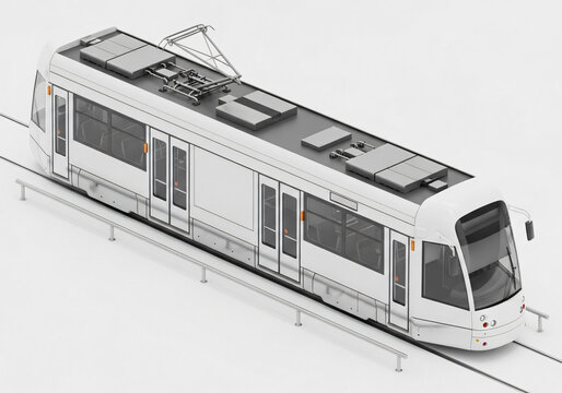Modern White Tram Public Transport Vehicle Isolated on Plain Background