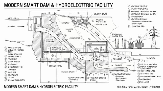 A modern smart dam and hydroelectric facility with turbines, generators, and transmission lines