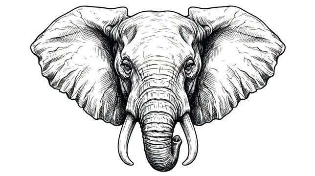 Vintage elephant head vector illustration, hand drawn african elephant portrait with tusks, detailed wildlife animal sketch for logo or apparel design