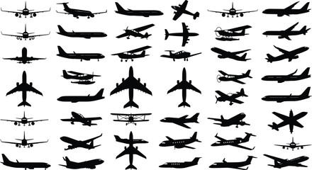 Fototapeta premium Airplane Silhouette Vector Set Featuring Commercial Jets, Military Planes, Passenger Aircraft, and Freight Cargo Carriers for Travel and Aviation Graphic Designs