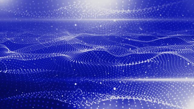 Blue digital stage background light dots, glowing particles, contour floor wave Blue digital grid floor moving forward in infinite cyberspace with glowing particles