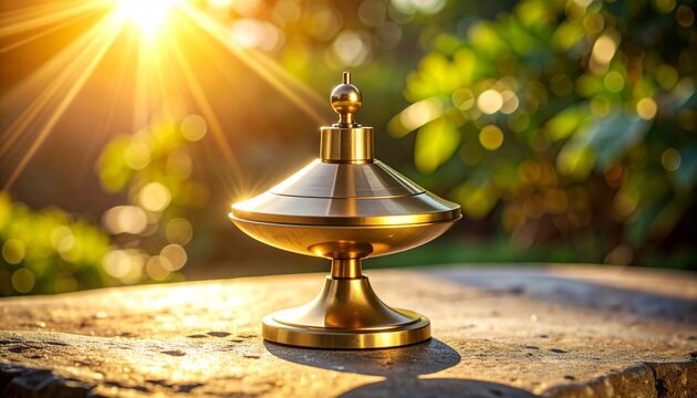 Elegant golden spinning top balancing on a flat stone surface under intense sunlight in a natural outdoor garden setting