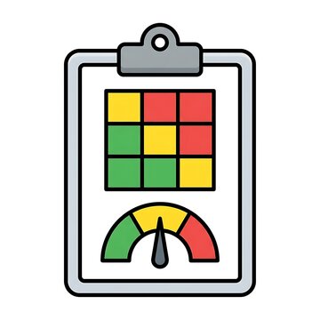 Clipboard with Risk Matrix and Speedometer Icon, Business Analysis Tool