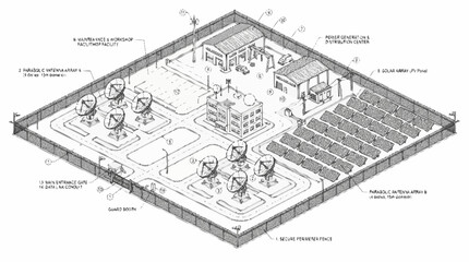 Fototapeta premium A detailed illustration of a large industrial complex with multiple machinery and equipment, showcasing a busy factory floor with various sections and pathways.