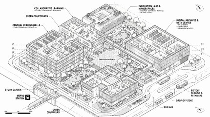Fototapeta premium A detailed illustration of a large business complex with various buildings and infrastructure
