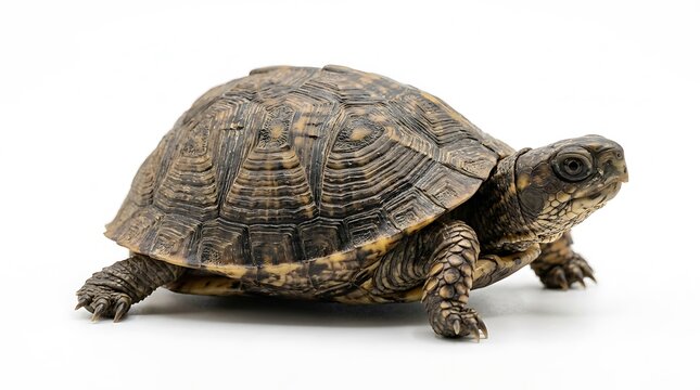 Closeup of a box turtle walking isolated on white background