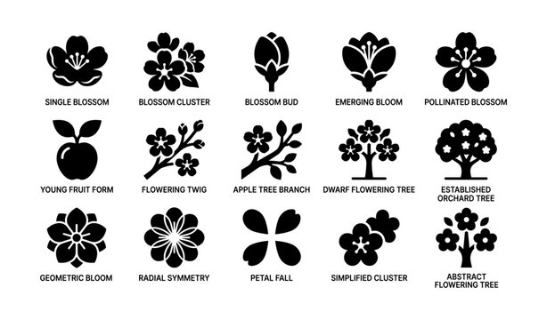 Flower and blossom icons showing stages and tree forms in grid