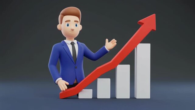 3D cartoon businessman in blue suit smiling