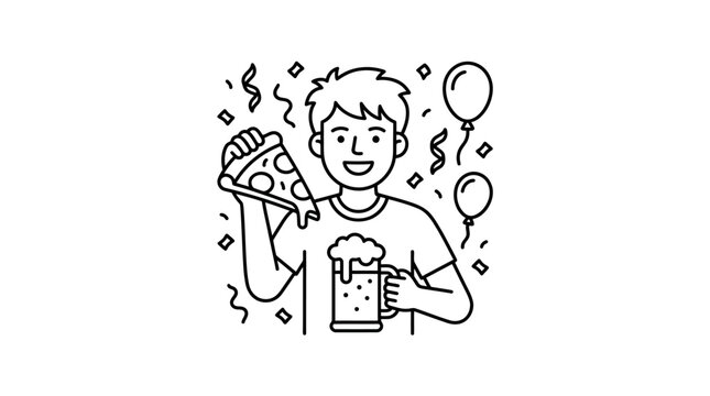 A happy young man celebrating with a slice of pizza and a mug of beer.