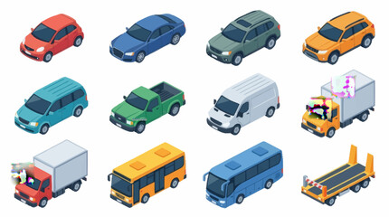 Colorful Isometric Vehicle Collection for Design Projects. © Kadal