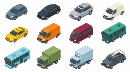 Colorful isometric collection of various vehicles and cars. © Kadal
