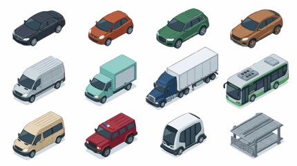 Collection of colorful isometric vehicle illustrations. © Kadal
