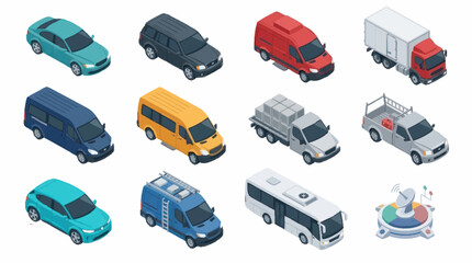 Colorful isometric collection of various vehicles and transportation icons. © Kadal