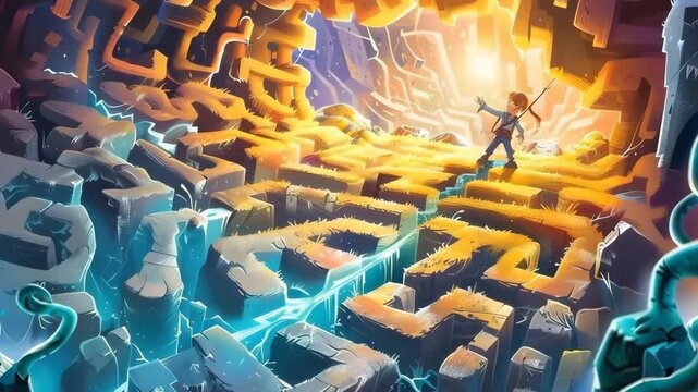 Adventure Maze: Young Hero Navigating a Luminous Fantasy Labyrinth with Glowing Path