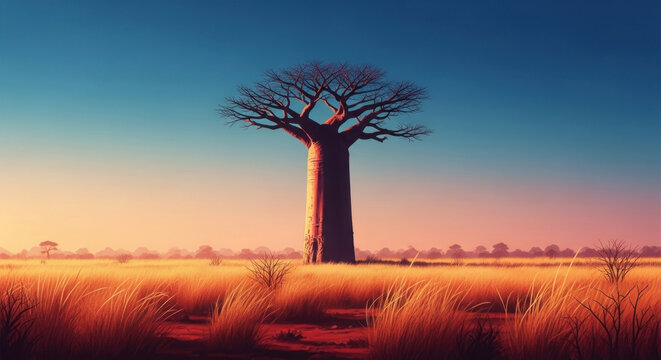 Stunning baobab tree standing in middle of dry golden grass savanna plain under clear colorful sunset sky during late afternoon warm sunlight.