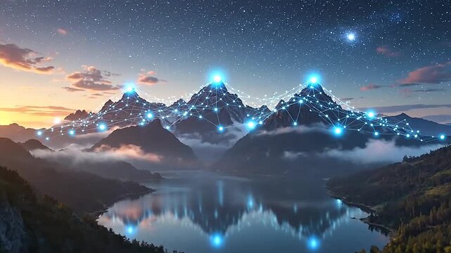 Digital network connections glowing over a serene mountain landscape