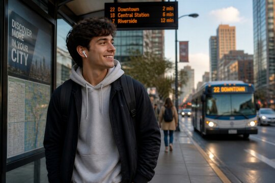 Young man waits at city bus stop, smiling. He wears hoodie and carries backpack. Bus approaches nearby, route 22 visible. Urban skyline glows in soft golden light. He looks relaxed, earbuds in
