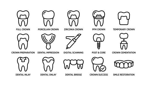 Dental crown icons showing types and procedures on white