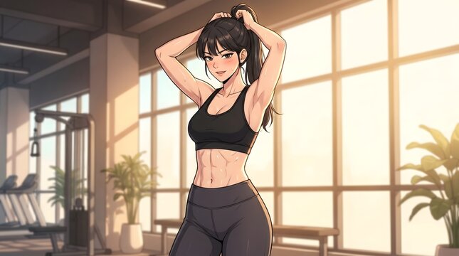 Anime style 2D illustration of a sweating athletic woman tying her hair in modern gym.