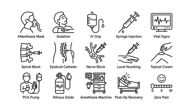 Anesthesia and pain management icons showing procedures and equipment