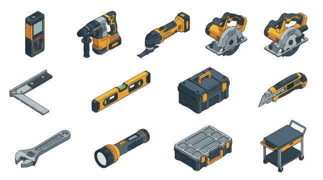 Collection of various construction and power tools.