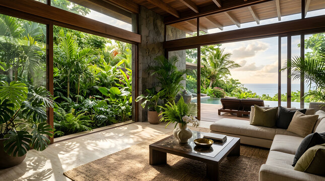 Luxury tropical living room with open floor plan, lush garden views, and infinity pool overlooking the ocean at sunset