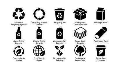 Obraz premium Recycling symbols and sustainable packaging icons in grid