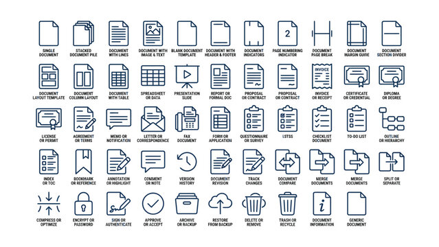 Comprehensive collection of business document management vector icons for office workflow and data organization applications