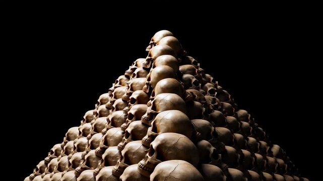 Pyramid of human skulls on a dark background symbolizing mortality