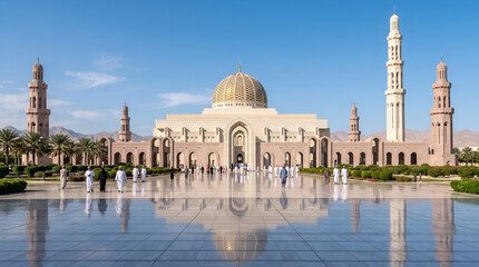 Obraz premium MUSCAT, OMAN -21 NOV 2018- Opened in 2001, the Sultan Qaboos Grand Mosque located in the Omani capital of Muscat is the main mosque in the Sultanate of Oman