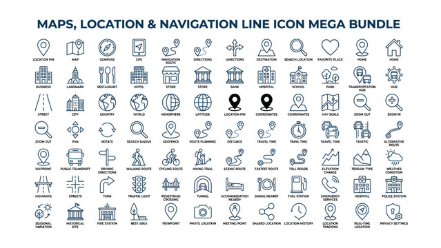 Comprehensive collection of map location and navigation line icons for digital interfaces and travel guides